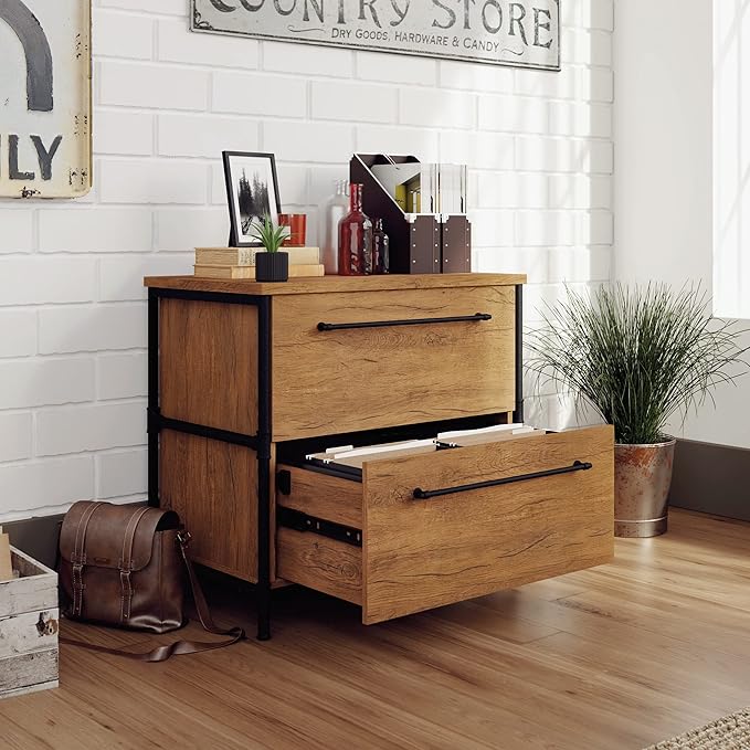 Sauder Iron City Lateral File, L: 31.50" x W: 20.00" x H: 30.00", Checked Oak Finish - LeafyLoom