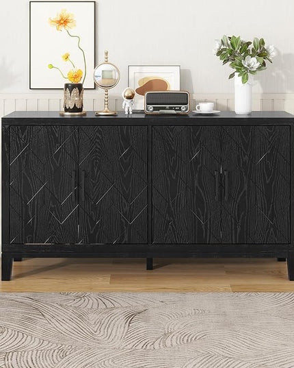 60" 4 Door Retro Sideboard with Adjustable Shelves,Wood Diamond-Shaped Lattice Pattern Storage Buffet Cabinet,w/ 4 Long Handle,for Living Dining Room,Black - LeafyLoom