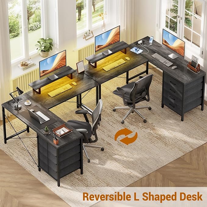 Homieasy L Shaped Desk with Drawers & Power Outlets, Reversible Computer Desk with LED Light and Monitor Stand, 50 Inch Home Office Gaming Work Study Desk with 4 Storage Drawers, Black Oak - LeafyLoom