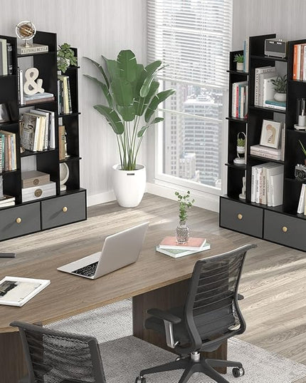 Unikito Book Shelf with 2 Drawers Free Standing Bookcase, Office Storage Shelf Organizer with 12 Open Bookshelf, Industrial Wood Book Case Display Rack for Bedroom, Living Room Home Office, Black - LeafyLoom
