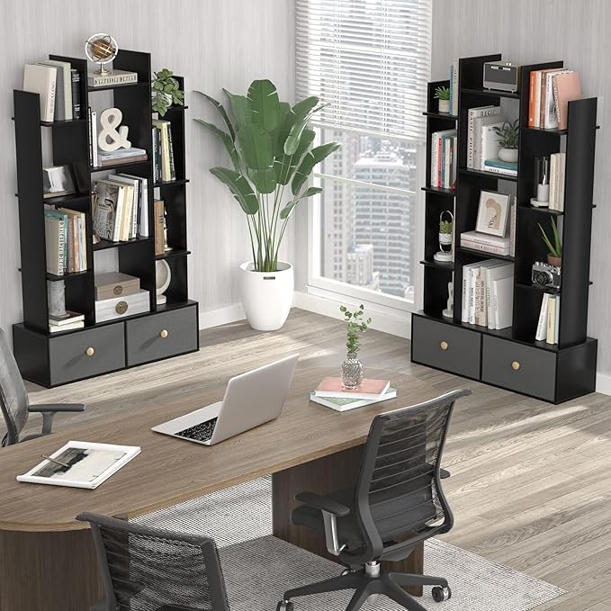 Unikito Book Shelf with 2 Drawers Free Standing Bookcase, Office Storage Shelf Organizer with 12 Open Bookshelf, Industrial Wood Book Case Display Rack for Bedroom, Living Room Home Office, Black - LeafyLoom