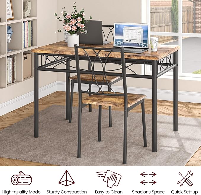 Kitchen Table and Chairs, Dining Room Table Set for 4 with Chairs, Kitchen Table Set Metal and Wood Rectangular Dining Table for Small Space, Apartment, Breakfast, Rustic Brown - LeafyLoom