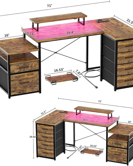 Unikito Reversible L Shaped Computer Desk with Fabric File Drawers, 70.8" Large Office Desk with RGB LED Lights & Power Outlets & Monitor Stand & CPU Stand, Sturdy Corner Gaming Desk, Rustic Brown - LeafyLoom