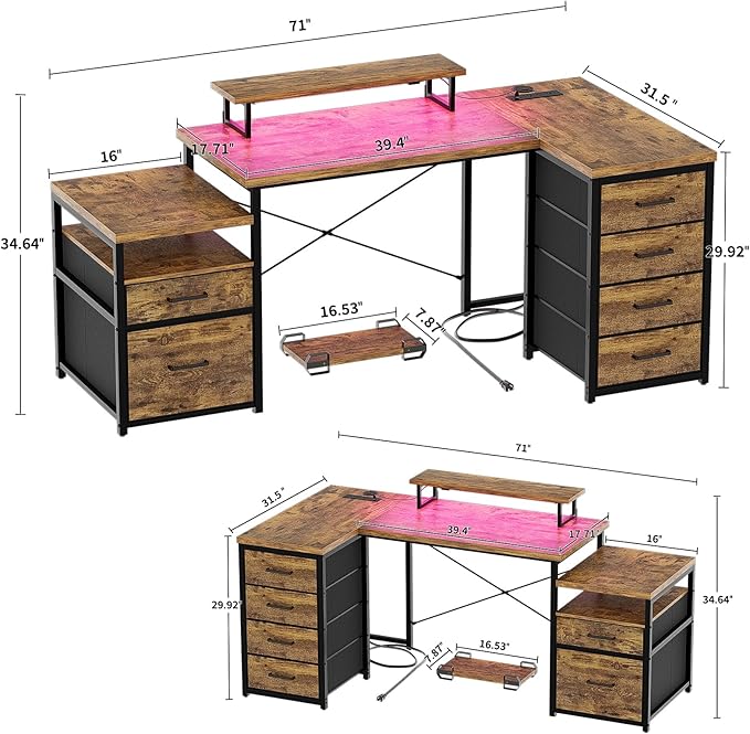 Unikito Reversible L Shaped Computer Desk with Fabric File Drawers, 70.8" Large Office Desk with RGB LED Lights & Power Outlets & Monitor Stand & CPU Stand, Sturdy Corner Gaming Desk, Rustic Brown - LeafyLoom