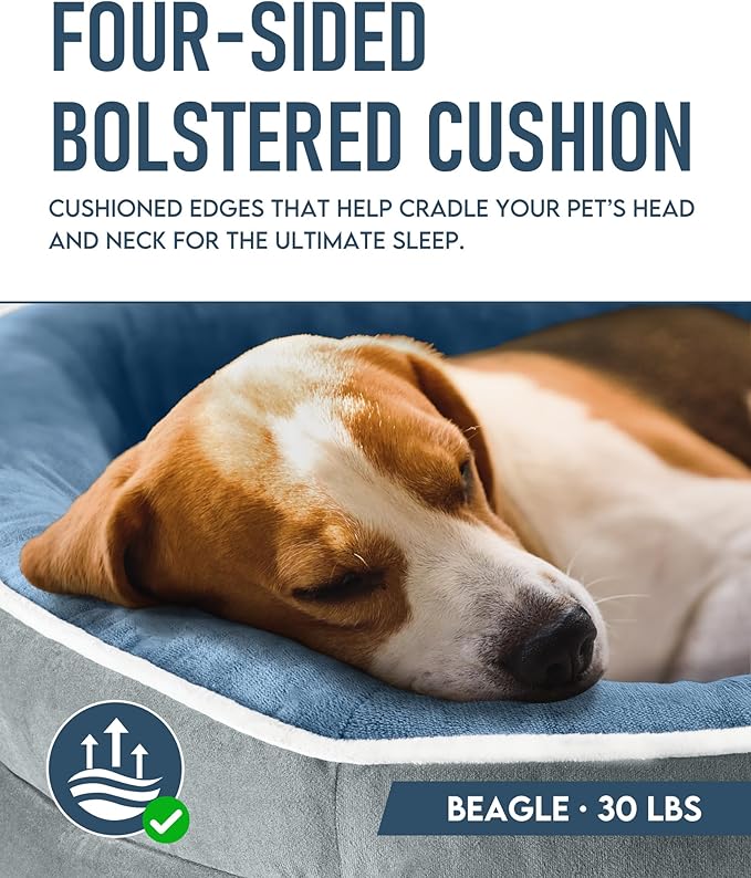 OhGeni Orthopedic Dog Bed Couch for Large Sized Pets with Egg Foam Support, Four-Sided Bolster Cushions, Soft Tear-Resistant Fabric, and Removable Machine Washable Plush Cover 35-Inch (Washed Blue) OhGeni