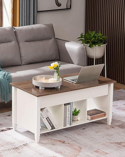 VINGLI Lift Top Coffee Table, White Coffee Table with Lift Top, Lift Up Coffee Table with Storage Shelf/Hidden Compartment, Gas Lift Coffee Table Mesa De Centro Para Sala Pop Up Coffee Table - LeafyLoom