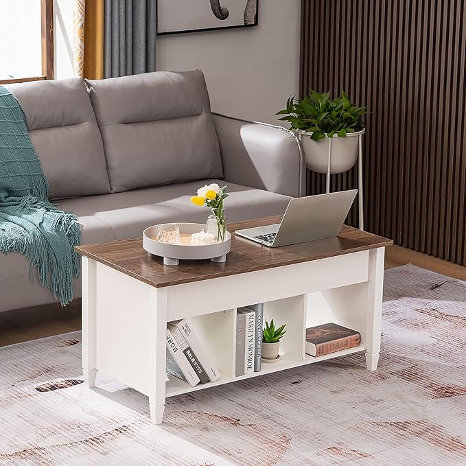 VINGLI Lift Top Coffee Table, White Coffee Table with Lift Top, Lift Up Coffee Table with Storage Shelf/Hidden Compartment, Gas Lift Coffee Table Mesa De Centro Para Sala Pop Up Coffee Table - LeafyLoom