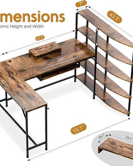Shintenchi L Shaped Computer Desk, Multifunctional Gaming Desk with 5-Tier Storage Shelves, Monitor Stand, Keyboard Tray & Hook, Modern Style Study Workstation for Home Office, Vintage Brown - LeafyLoom