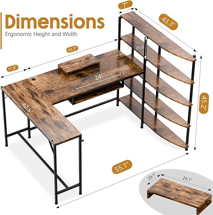 Shintenchi L Shaped Computer Desk, Multifunctional Gaming Desk with 5-Tier Storage Shelves, Monitor Stand, Keyboard Tray & Hook, Modern Style Study Workstation for Home Office, Vintage Brown - LeafyLoom