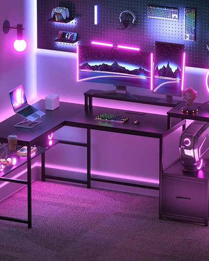 GreenForest 69 inch L Shaped Computer Desk with Drawers and Printer Stand, Gaming Desk with Power Outlet, Monitor Shelf, Storage Shelves and Hooks for Home Office Working, Writing, Studying, Black - LeafyLoom