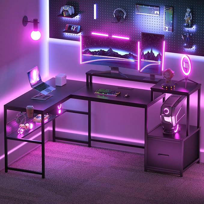 GreenForest 69 inch L Shaped Computer Desk with Drawers and Printer Stand, Gaming Desk with Power Outlet, Monitor Shelf, Storage Shelves and Hooks for Home Office Working, Writing, Studying, Black - LeafyLoom