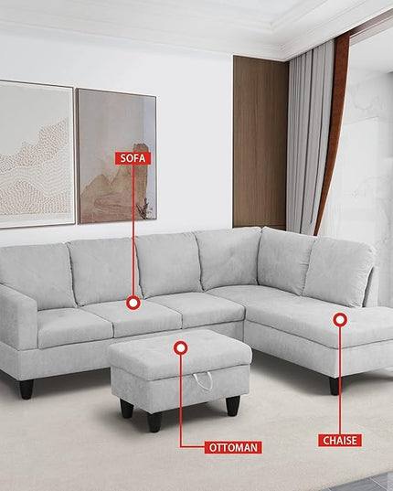 97'' L-Shaped Sectional Sofas with 66.5'' Chaise Lounge and Storage Ottoman, 3-Piece Flannelette Modular Large Living Room Couches for Home Office, Living Furniture Right Hand Face(Grey White) - LeafyLoom