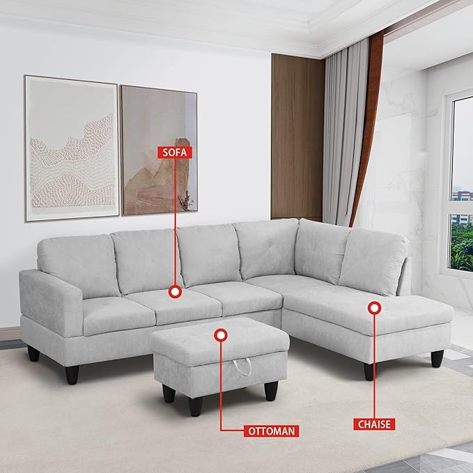 97'' L-Shaped Sectional Sofas with 66.5'' Chaise Lounge and Storage Ottoman, 3-Piece Flannelette Modular Large Living Room Couches for Home Office, Living Furniture Right Hand Face(Grey White) - LeafyLoom