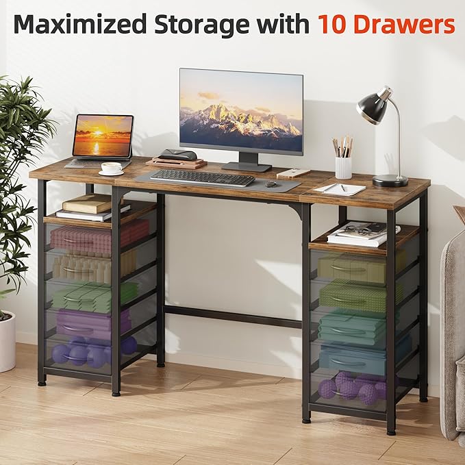 Desk with 10 Fabric Drawers Classified Organizer - 55"/140 Office Desks with Ample Storage, Computer Work Desk Study Writing Table Workstation for Home Office Space Deep Black - LeafyLoom