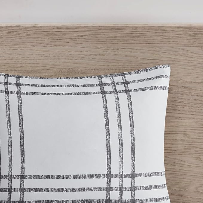 Intelligent Design Pike Reversible Comforter Set, Cottage Plaid Print, Modern Cabin Lifestyle, Down Alternative, All Season Bedding with Matching Sham, Twin/Twin XL White/Grey 2 Piece - LeafyLoom