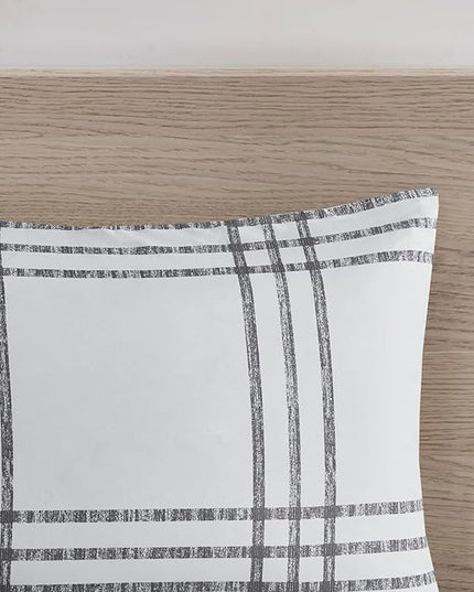 Intelligent Design Pike Reversible Comforter Set, Cottage Plaid Print, Modern Cabin Lifestyle, Down Alternative, All Season Bedding with Matching Sham, Full/Queen White/Grey 3 Piece - LeafyLoom
