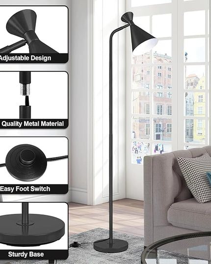 PARTPHONER Floor Lamp for Living Room, Modern Adjustable Metal Heads Standing Lamps, Simple Design Black Floor Lamp with Foot Switch for Bedroom, Office, Kids Room, Reading, Working(Bulb Not Included) - LeafyLoom