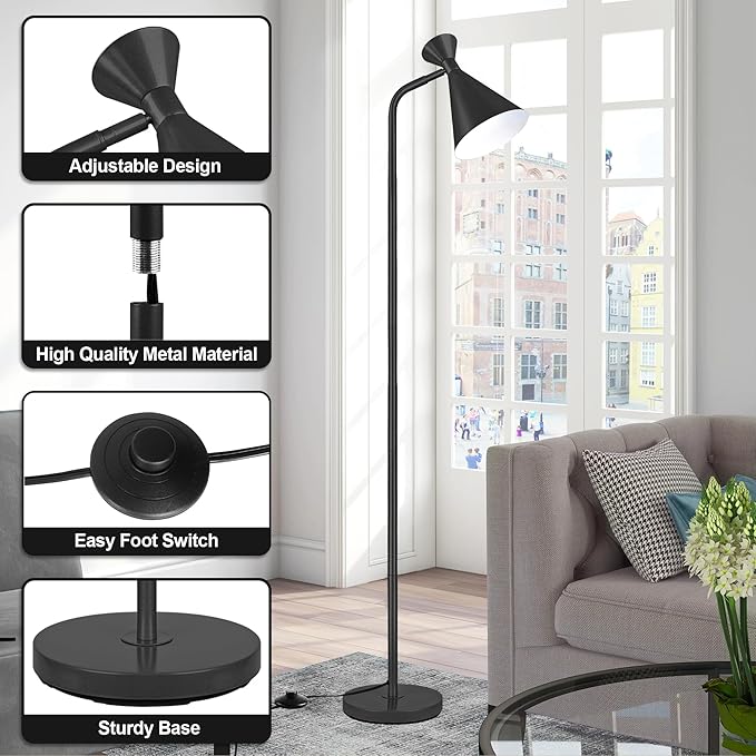 PARTPHONER Floor Lamp for Living Room, Modern Adjustable Metal Heads Standing Lamps, Simple Design Black Floor Lamp with Foot Switch for Bedroom, Office, Kids Room, Reading, Working(Bulb Not Included) - LeafyLoom