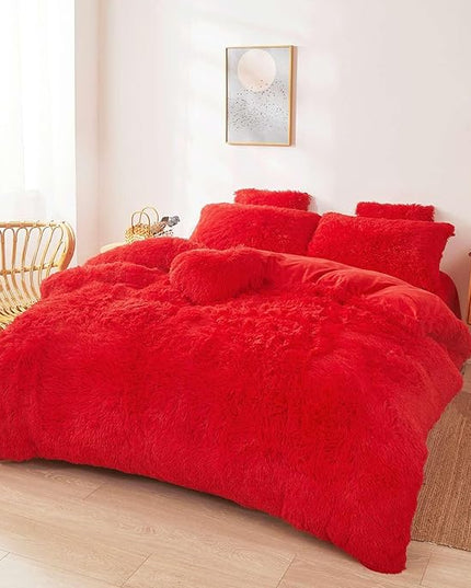 FOPPA Red fluffy Comforter Cover Set king- Ultra Soft fluffy Red Bedding Sets 3 Pieces (1 Duvet Cover + 2 Pillow case) pink fluffy bed set (Red, King) - LeafyLoom