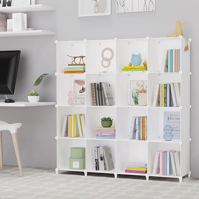 HOMIDEC Book Shelf 16 Cubes Bookcase Bookshelf Cube Storage Organizer Portable Display Bookshelf Kids Bookshelf Book Case for Study Room,Bedroom,Office,Living Room,Closet (47.2x11.8x47.2 inch) - LeafyLoom