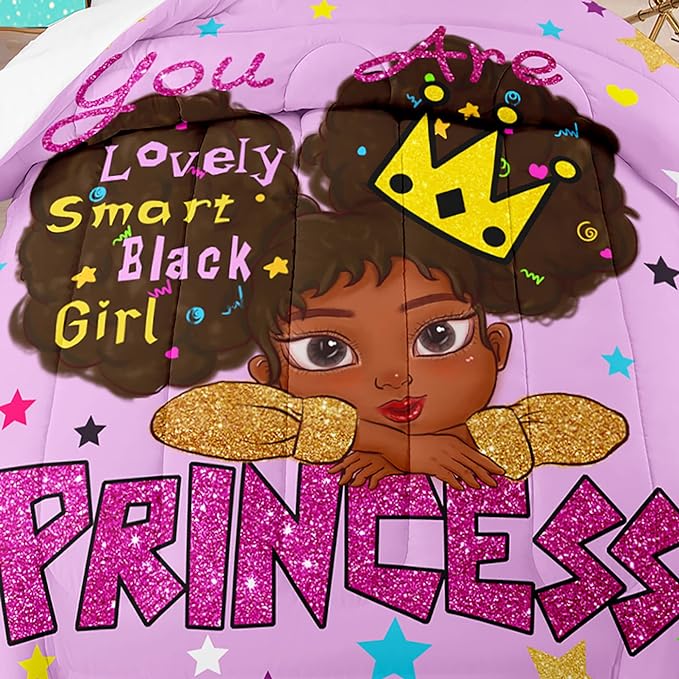 African Black Girl Full Size Comforter Sets for Girls, Black Girl Teen Girl Comforter Set Full Size, Purple Princess Full Size Bedding Set, Full (1 Comforter 2 Pillowcases) - LeafyLoom