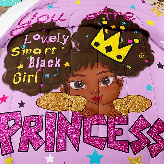 Black Girl Comforter Set Queen African Black Girls Comforter Sets Queen Princess Queen Bedding Set Cute Black Girls Princess Room Decor Bedding Set, Queen (1 Comforter 2 Pillowcases) - LeafyLoom
