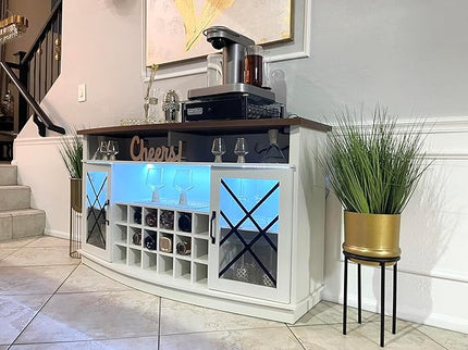 DWVO Wine Bar Cabinet with LED Light, 58'' Large Wine Cabinet w/Storage, Tempered Glass Doors, Adjustable Shelf, 32'' Tall Coffee Bar for Living Room, Dining Room, White - LeafyLoom