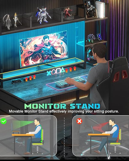 Aheaplus Desk with LED and Outlets, Gaming Desk with Hutch, 47.2'' Computer Desk with Drawers, Reversible office desk with storage bookshelf Large Workstation Desk with Shelf, Desk for Home, Black Oak - LeafyLoom