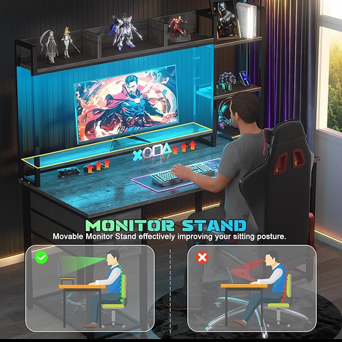 Aheaplus Desk with LED and Outlets, Gaming Desk with Hutch, 47.2'' Computer Desk with Drawers, Reversible office desk with storage bookshelf Large Workstation Desk with Shelf, Desk for Home, Black Oak - LeafyLoom