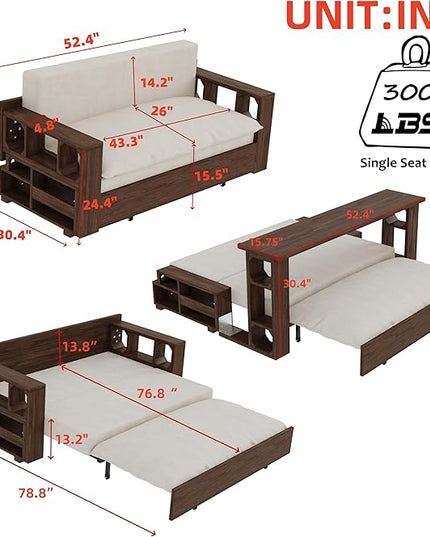 52" 3 in 1 Loveseat Futon Sofa Couch of Mordern Velvet w/Pullout, Small Love Seat Lounge Sleeper w/Convertible Office Desk for Living Room Bed, 52inch, Beige - LeafyLoom