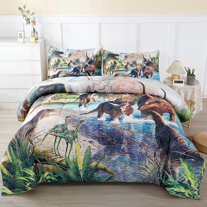 WINLIFE Dinosaur Bedding Full Comforter Set - Super Soft & Fun Jurassic Dino Pattern Bedding Comforter Set All Seasons for Boys Teens - Easy Wash Bed Set, 3D Dinosaur Print - LeafyLoom