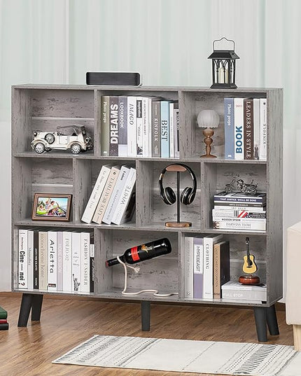 LEYAOYAO 10 Cube Bookshelf,3 Tier Modern Wide Bookcase with Legs,Mid-Century Wood Bookshelves Storage，Retro Grey Large Book Case,Freestanding Organizer Display Shelf for Bedroom,Living Room,Office - LeafyLoom