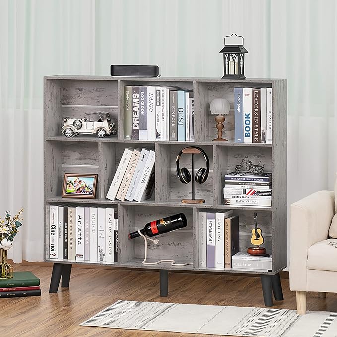 LEYAOYAO 10 Cube Bookshelf,3 Tier Modern Wide Bookcase with Legs,Mid-Century Wood Bookshelves Storage，Retro Grey Large Book Case,Freestanding Organizer Display Shelf for Bedroom,Living Room,Office - LeafyLoom