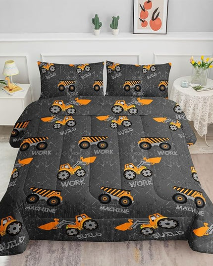 Datura home Construction Truck Comforter Set for Boys Kids Children,Machinery Excavators Vehicles Tractor Bedding Set with 1 Comforter and 2 Pillowcases(Brown Truck Twin) Twin 68x86'' - LeafyLoom