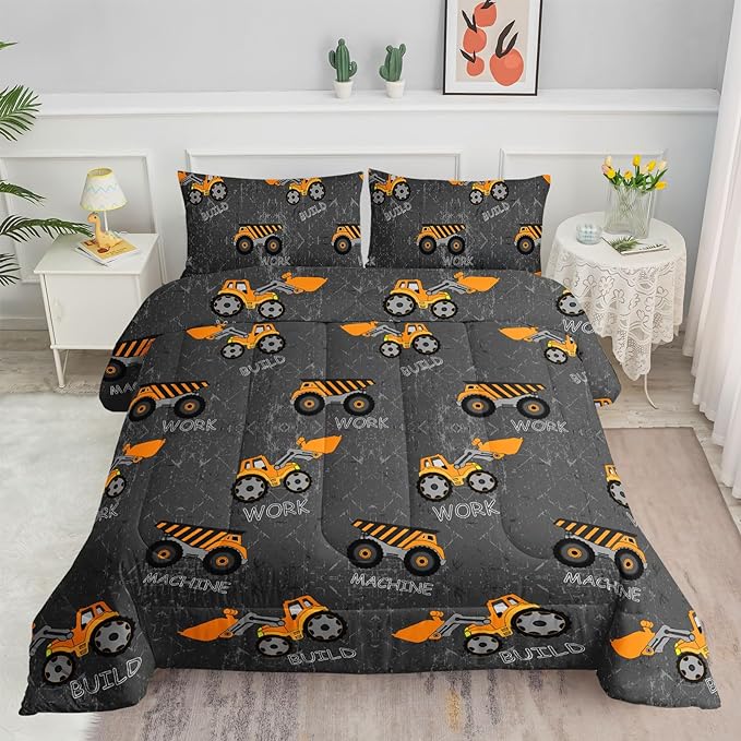 Datura home Construction Truck Comforter Set for Boys Kids Children,Machinery Excavators Vehicles Tractor Bedding Set with 1 Comforter and 2 Pillowcases(Brown Truck Full), Full 80x90inches - LeafyLoom
