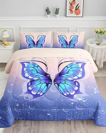Datura home Bedding Comforter Set Pink Purple Butterfly Printed Pattern Quilt with 1 and 2 Pillowcases for Girls Bedroom All Season(Butterfly Full) Full 80x90inches - LeafyLoom