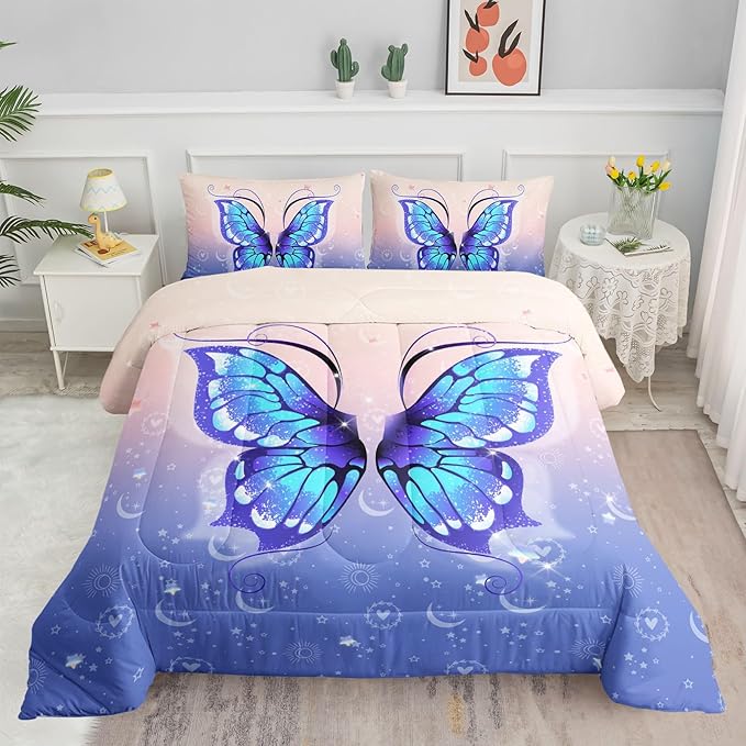 Datura home Bedding Comforter Set Pink Purple Butterfly Printed Pattern Quilt with 1 and 2 Pillowcases for Girls Bedroom All Season(Butterfly Twin) Twin 68x86inches - LeafyLoom