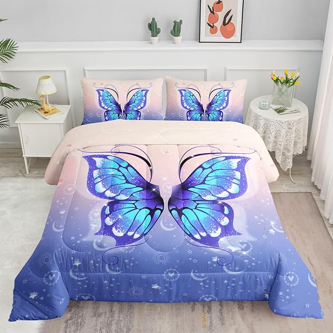 Datura home Bedding Comforter Set Pink Purple Butterfly Printed Pattern Quilt with 1 and 2 Pillowcases for Girls Bedroom All Season(Butterfly Queen) Queen 90x90inches - LeafyLoom