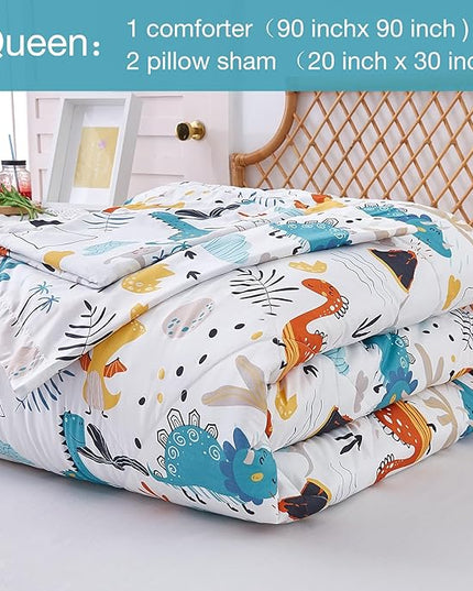 JSD Dinosaur Kids Comforter Set for Boys Girls, 3 Pieces Queen Microfiber Comforter with Pillow Sham, Soft Comfortable Machine Washable - LeafyLoom