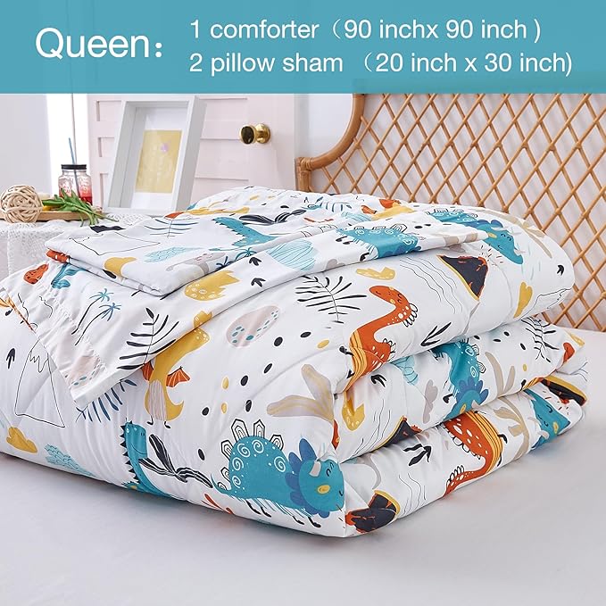 JSD Dinosaur Kids Comforter Set for Boys Girls, 3 Pieces Queen Microfiber Comforter with Pillow Sham, Soft Comfortable Machine Washable - LeafyLoom