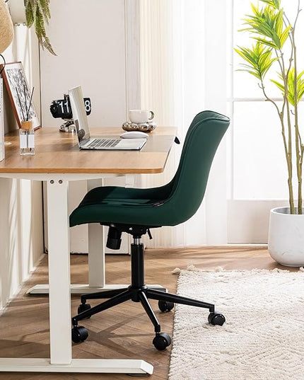 YOUTASTE Dark Green Office Chair Modern Armless Desk Chair with Wheels, Adjustable Swivel Rocking Rolling Computer Gaming Chair, Upholstered Faux Leather Sewing Chairs with Back - LeafyLoom