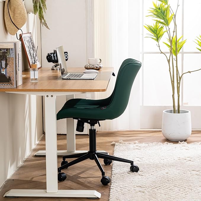 YOUTASTE Dark Green Office Chair Modern Armless Desk Chair with Wheels, Adjustable Swivel Rocking Rolling Computer Gaming Chair, Upholstered Faux Leather Sewing Chairs with Back - LeafyLoom