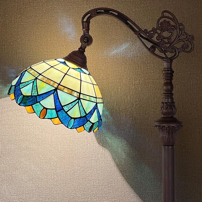 Tiffany Floor Lamp for Living Room,Stained Glass Gooseneck Reading Floor Light,Antique Style Tall Standing Lamp for Bedroom and Office Adjustable Light Direction - LeafyLoom