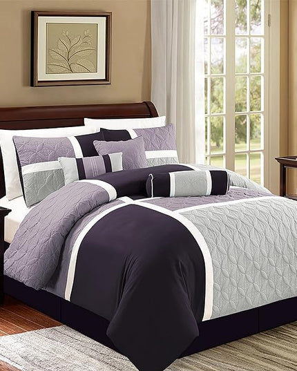 Chezmoi Collection Upland 7-Piece Quilted Patchwork Comforter Set, Lavender/Gray/Purple, California King - LeafyLoom