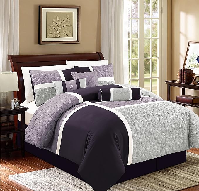 Chezmoi Collection Upland 7-Piece Quilted Patchwork Comforter Set, Lavender/Gray/Purple, Queen - LeafyLoom