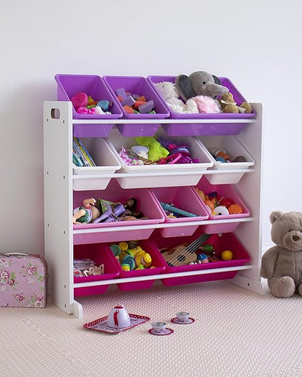 Humble Crew Kids' Toy Storage Organizer with 12 Plastic Bins, Pink&Purple, White/Purple/Pink - LeafyLoom