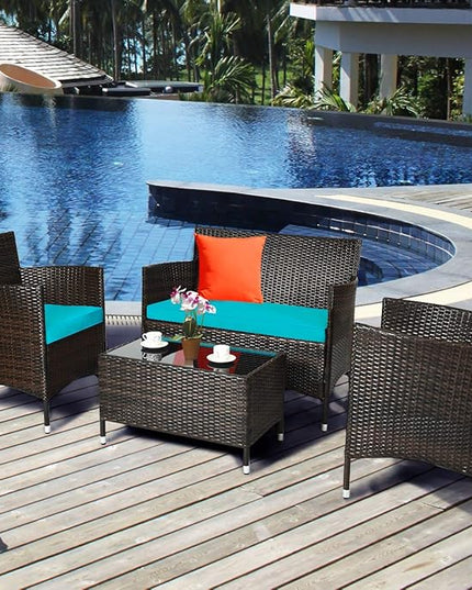 Goplus 4-Piece Rattan Patio Set, Outdoor/Indoor Wicker Conversation Set for Pool, Backyard, Lawn, Wicker Chairs and Sofa with Soft Cushion, Rattan Furniture with Tempered Glass Coffee Table - LeafyLoom