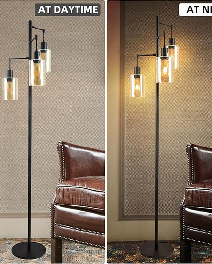 Farmhouse Floor Lamp for Living Room Bedroom, 3-Lights Floor Lamp with On/Off Foot Switch, Tall Pole Tree Standing Lamp Oil Rubbed Bronze with Amber Glass Shade, LED 3 Bulbs Included - LeafyLoom