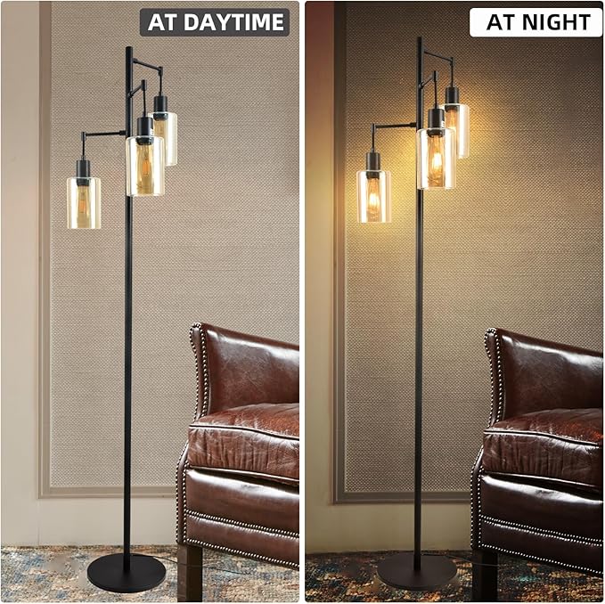 Farmhouse Floor Lamp for Living Room Bedroom, 3-Lights Floor Lamp with On/Off Foot Switch, Tall Pole Tree Standing Lamp Oil Rubbed Bronze with Amber Glass Shade, LED 3 Bulbs Included - LeafyLoom