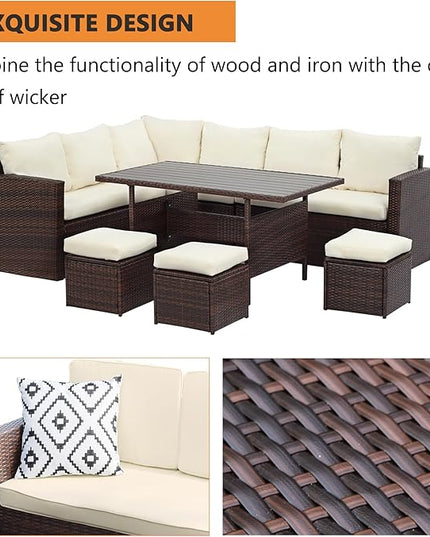 Solaste 7 Piece Patio Furniture Set, All Weather Wicker Patio Conversation Sets with Cushion Seat & Pillows, Outdoor Dining Set, Patio Furniture Outdoor Sectional, Brown - LeafyLoom